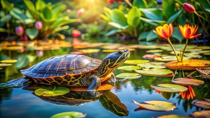 Obraz premium Deep focus shot of a sunbathing turtle in a fish pond.