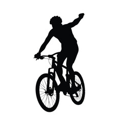 Obraz premium A man is riding a bicycle. He is wearing a helmet. He is giving a thumbs up