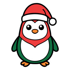 A cute Christmas penguin wearing a Santa Claus hat and scarf vector outline or Silhouette isolated on a white background