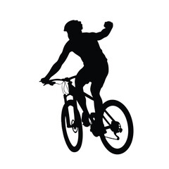 Obraz premium A man is riding a bicycle. He is wearing a helmet. He is giving a thumbs up