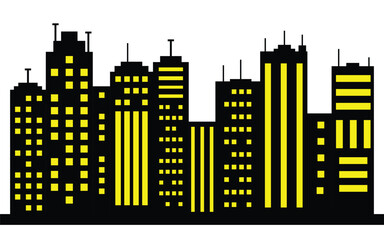 Black city skyline silhouette with yellow windows and modern city buildings on white background.