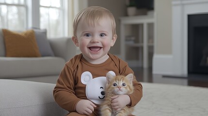 A cheerful young boy in a bear costume cuddles his fluffy kitten in a bright, inviting living room filled with soft textures