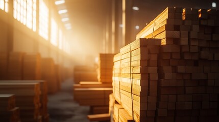 Stacks of lumber filling warehouse with golden sunlight streaming through windows