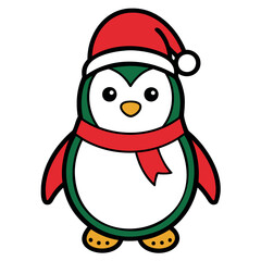 A cute Christmas penguin wearing a Santa Claus hat and scarf vector outline or Silhouette isolated on a white background