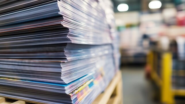 Stack of magazines resting on wooden pallet in warehouse