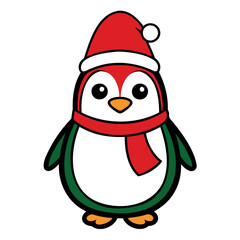 A cute Christmas penguin wearing a Santa Claus hat and scarf vector outline or Silhouette isolated on a white background
