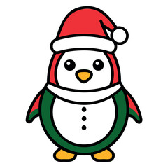 A cute Christmas penguin wearing a Santa Claus hat and scarf vector outline or Silhouette isolated on a white background