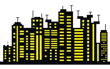 Obraz premium Black city skyline silhouette with yellow windows and modern city buildings on white background.