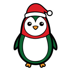 A cute Christmas penguin wearing a Santa Claus hat and scarf vector outline or Silhouette isolated on a white background
