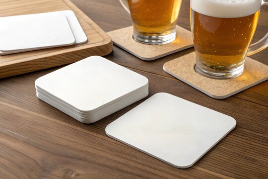 Mockup of white square beer coasters on a wooden table with beer glasses. Perfect for branding, logo design, or bar and pub identity presentation.