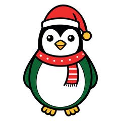 A cute Christmas penguin wearing a Santa Claus hat and scarf vector outline or Silhouette isolated on a white background