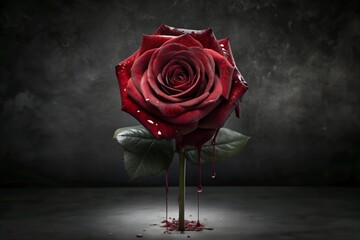 Red rose standing with dripping paint on a moody dark background. A perfect choice for gothic designs, dramatic branding, or creative identity with an emotional edge.