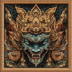 Fototapeta premium Intricate Thai giant artwork cross stitch in vibrant colors and gold details