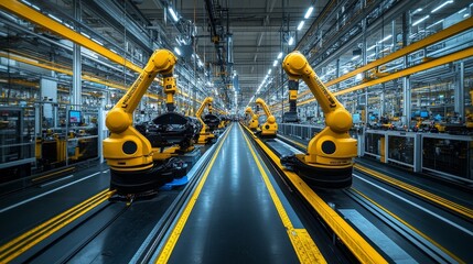Automated Assembly Line with Robotic Arms in a Factory