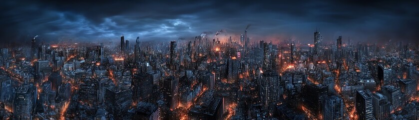 Fototapeta premium Epic panoramic view of a futuristic city burning at night under a stormy sky. Dramatic cityscape with intense fiery explosions and dark clouds.