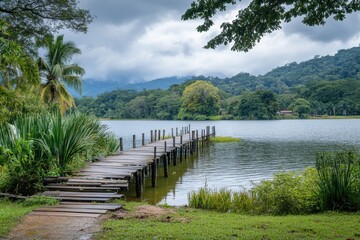 Fototapeta premium Serene wooden pier extending into a calm lake surrounded by lush greenery