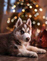 Fluffy husky lying next to a Christmas tree with twinkling lights, cozy interior, warm tones