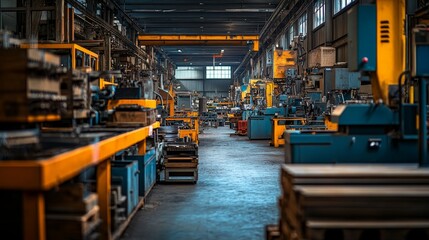 Naklejka premium Industrial Factory Interior with Machinery and Storage Shelves