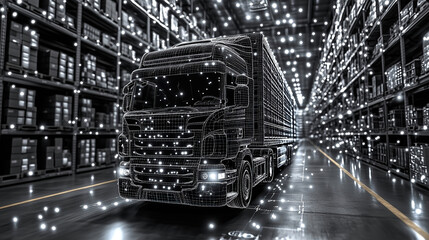Digital representation of a truck in a warehouse filled with boxes and bright lights. Generative AI