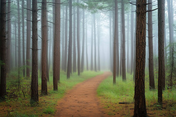 Obraz premium Forest with tall, ancient trees and a mysterious path. Generative AI