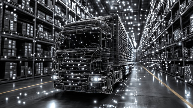 Digital representation of a truck in a warehouse filled with boxes and bright lights. Generative AI - Powered by Adobe