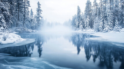 A detailed illustration of a frozen lake surrounded by snow-covered trees with a misty fog hovering over the water.