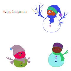Snowman is wearing a blue hat. There is a blue snowman in the middle of the image. There are blue antlers on the snowman's head. The antlers have holes in them.