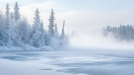 Obraz premium A detailed illustration of a frozen lake surrounded by snow-covered trees with a misty fog hovering over the water.