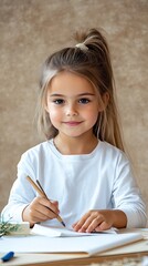 Adorable Young Girl Drawing with Pencils in a Bright Room, Capturing Creativity and Innocence in a Warm and Cozy Setting