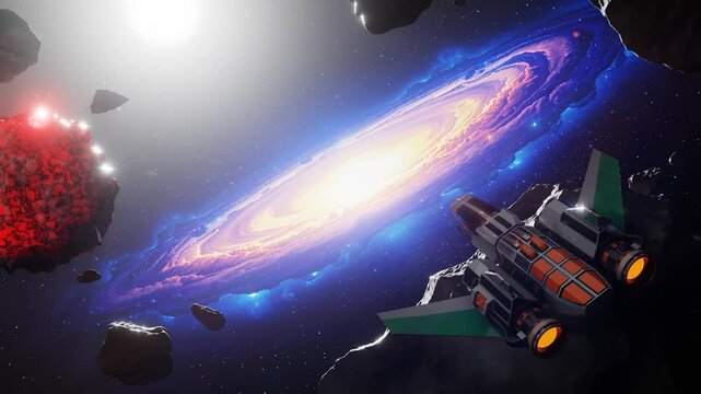 A spaceship or research probe flies in outer space. Concept: astronautics, space exploration