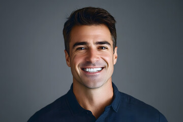 Man, portrait and dental in studio for teeth whitening, space and oral cleaning with healthy mouth. Male person, smile and healthcare on gray background for tooth implant, veneers and orthodontics