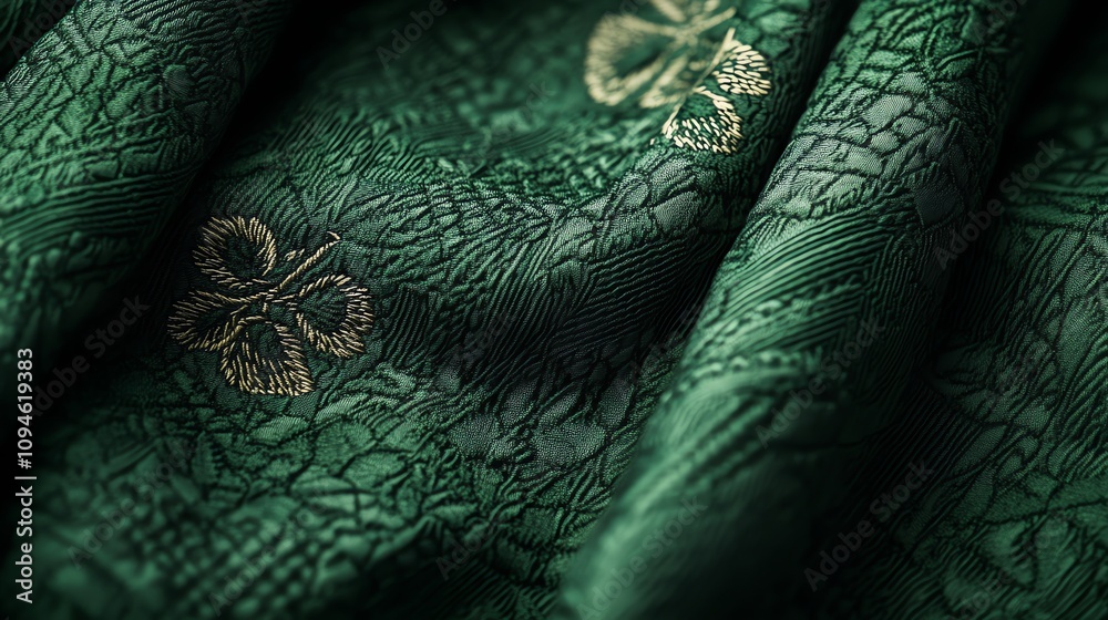 Poster a close-up of green textured fabric featuring delicate gold leaf patterns.