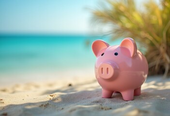 Pink piggy bank stands on the warm sand of a beach, with gentle waves lapping at the shore and tropical plants in the distance under a clear blue sky