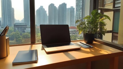 Fototapeta premium A laptop sits on a desk next to a potted plant and a stack of notebooks