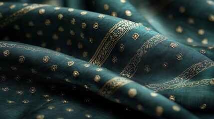 Fototapeta premium A close-up of luxurious fabric featuring intricate gold patterns on a deep green background.