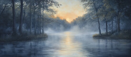 Obraz premium A serene, misty lake with trees lining the shores and a warm sunrise in the distance.