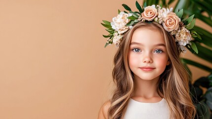 Fototapeta premium Portrait of a Young Girl with Floral Crown Against a Soft Peach Background, Highlighting Natural Beauty and Innocence