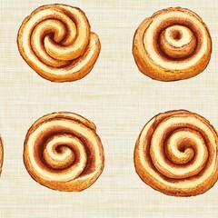 Fototapeta premium Vintage cinnamon rolls on vintage beige fabric background, seamless repeating pattern, textile print style, minimal, seamless dessert pattern design, breakfast decor, baking linens, kitchen decor
