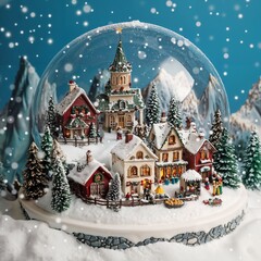 Fototapeta premium Traditional Christmas Village Snow Globe with Detailed Community Scene and Falling Snow