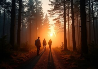 Fototapeta premium Sunset walk through a serene forest with silhouettes of people enjoying nature's beauty