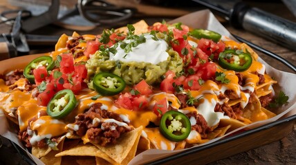 Crispy nachos loaded with melted cheese, guacamole, sour cream, jalapeños, and tomatoes served on baking tray with garnish