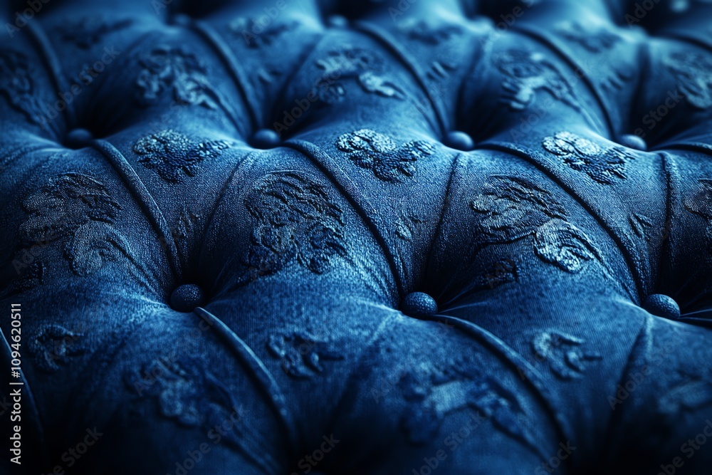 Poster a close-up of textured blue upholstery with a tufted design, showcasing intricate patterns.