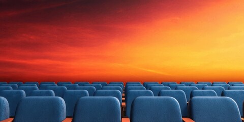 Obraz premium A vibrant sunset illuminates a row of blue seats, creating a serene atmosphere that invites contemplation and relaxation.