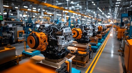 Fototapeta premium Assembly Line Production of Automotive Engines in a Factory