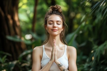 Fototapeta premium Mindfulness practice in a lush forest setting during a tranquil morning