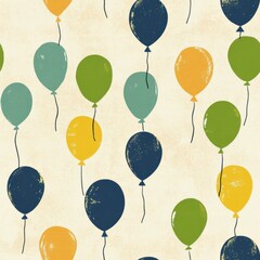 Vintage Green, Blue, and Yellow Balloons pattern on vintage beige fabric background, seamless repeating pattern, textile print style, minimal, fresh balloon design, spring decor, textiles