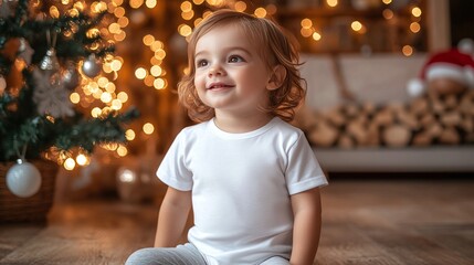 Little baby wearing blank white tshirt mockup. Cute kid model in basic short sleeve tee, sitting on the floor in living room with sparkling Christmas tree. Casual crewneck shirt mock