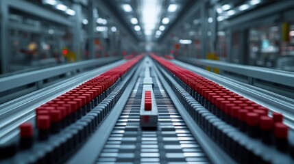 Fototapeta premium Red Cylindrical Objects Moving Along a Conveyor Belt in a Factory Setting