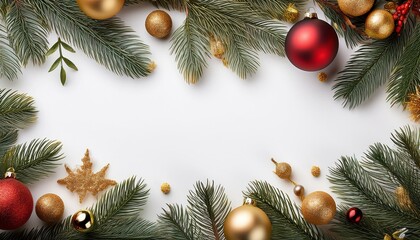  Christmas decorations with tree branches and baubles frame isolated on white background
