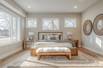 modern farmhouse bedroom with white oak floors, light colored walls and large windows, neutral color palette, modern lighting, wood furniture, fluffy rug, generative ai